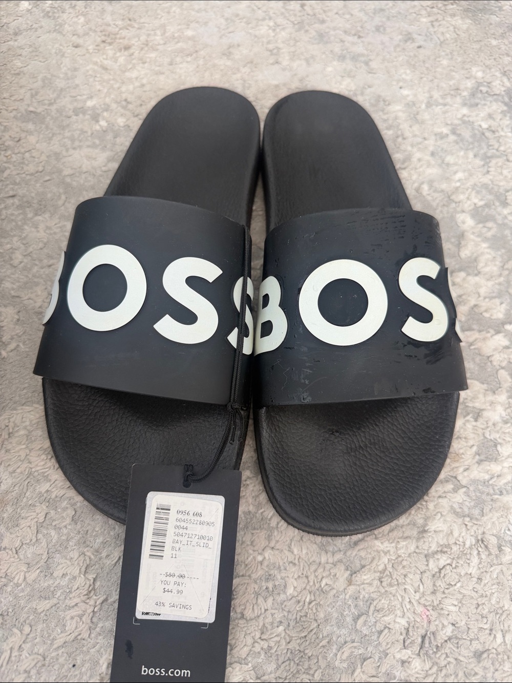 New Boss Black Slide Sandals with Raised Logo